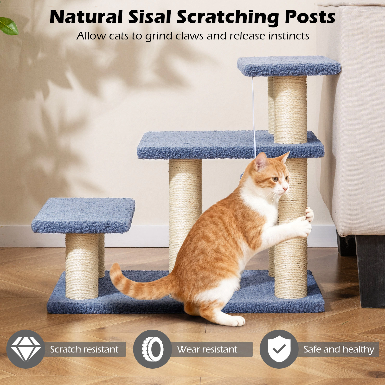 SUGIFT 3-Tier Cat Stairs Cat Tree 20-in Tall with Scratching Posts and Hanging Toy Ball 33-lb Capacity Gray