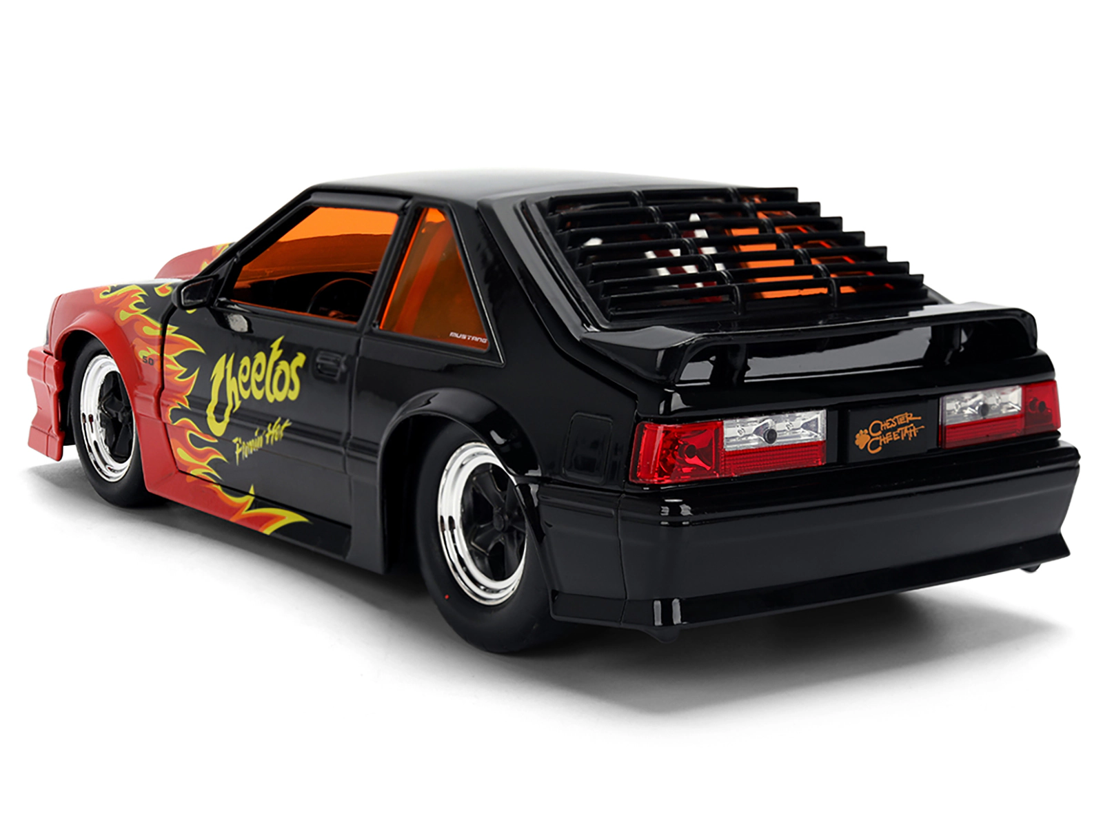 Jada 1989 Ford Mustang GT Black with Red Flame Graphics and Chester Cheetah Diecast Figure "Cheetos Flamin'