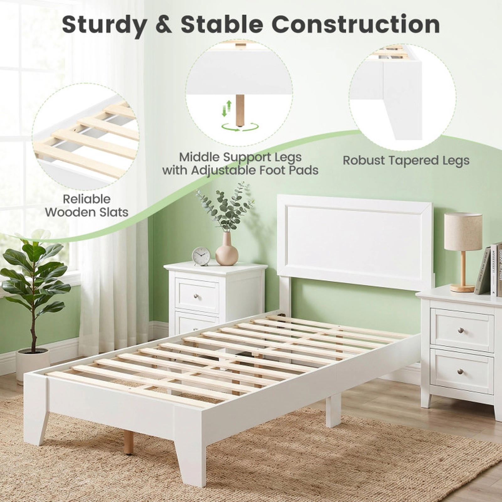 SUGIFT White Mid-Century Headboard for Small Rooms Twin Size Wooden Platform Bed Frame