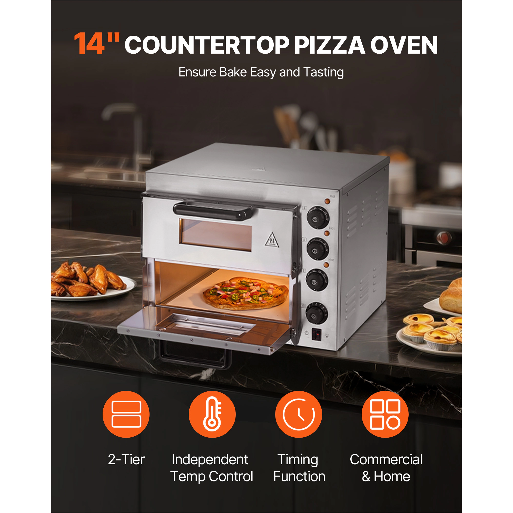 HONGGE Commercial Pizza Oven Countertop, Double Deck Layer, Stainless Steel Electric Pizza Oven with Stone and Handle