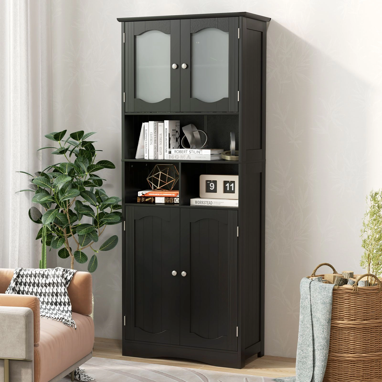SlickBlue Freestanding Linen Cabinet with Adjustable Shelves and Storage