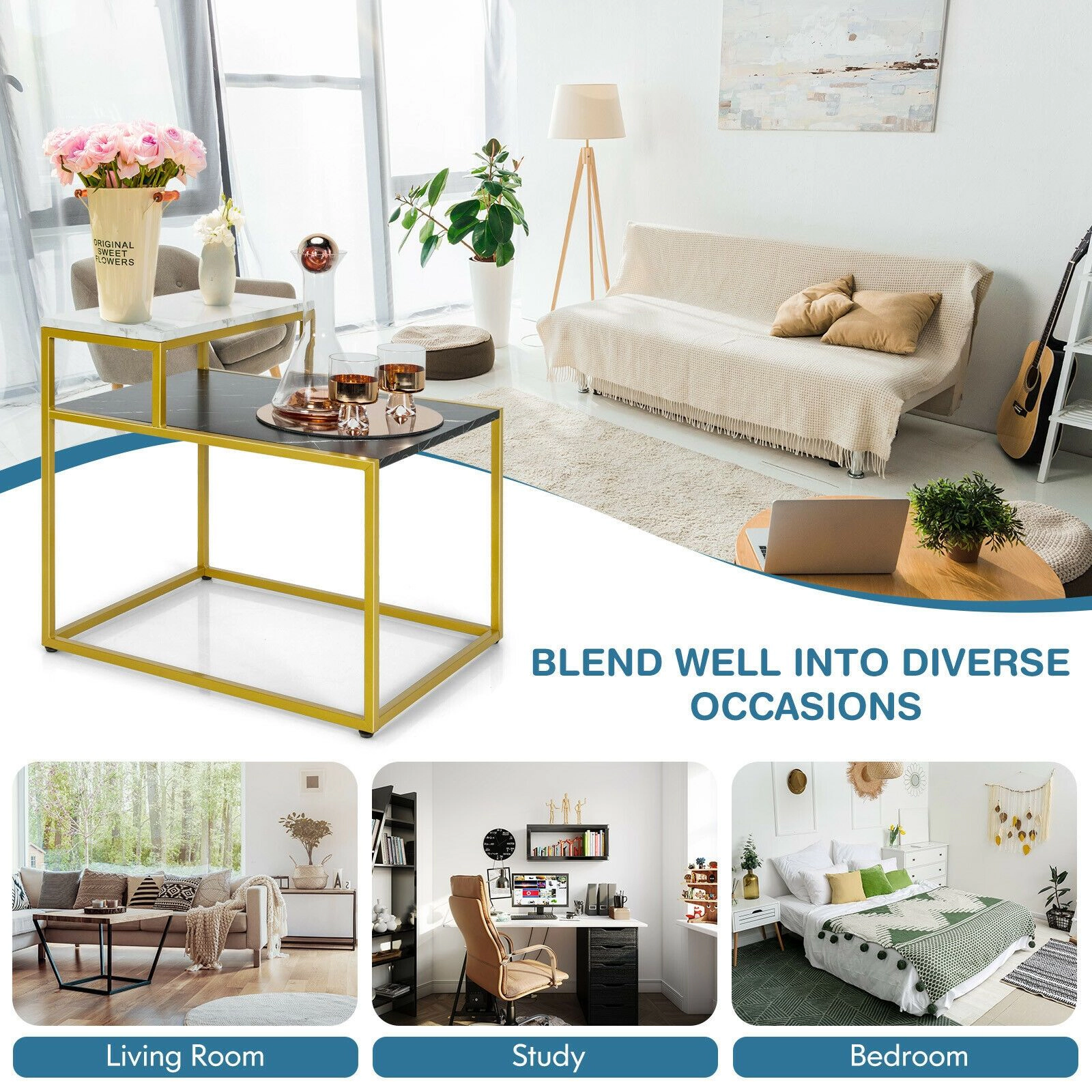SlickBlue 2 Tier Side Table with Marble Finish and Metal Frame