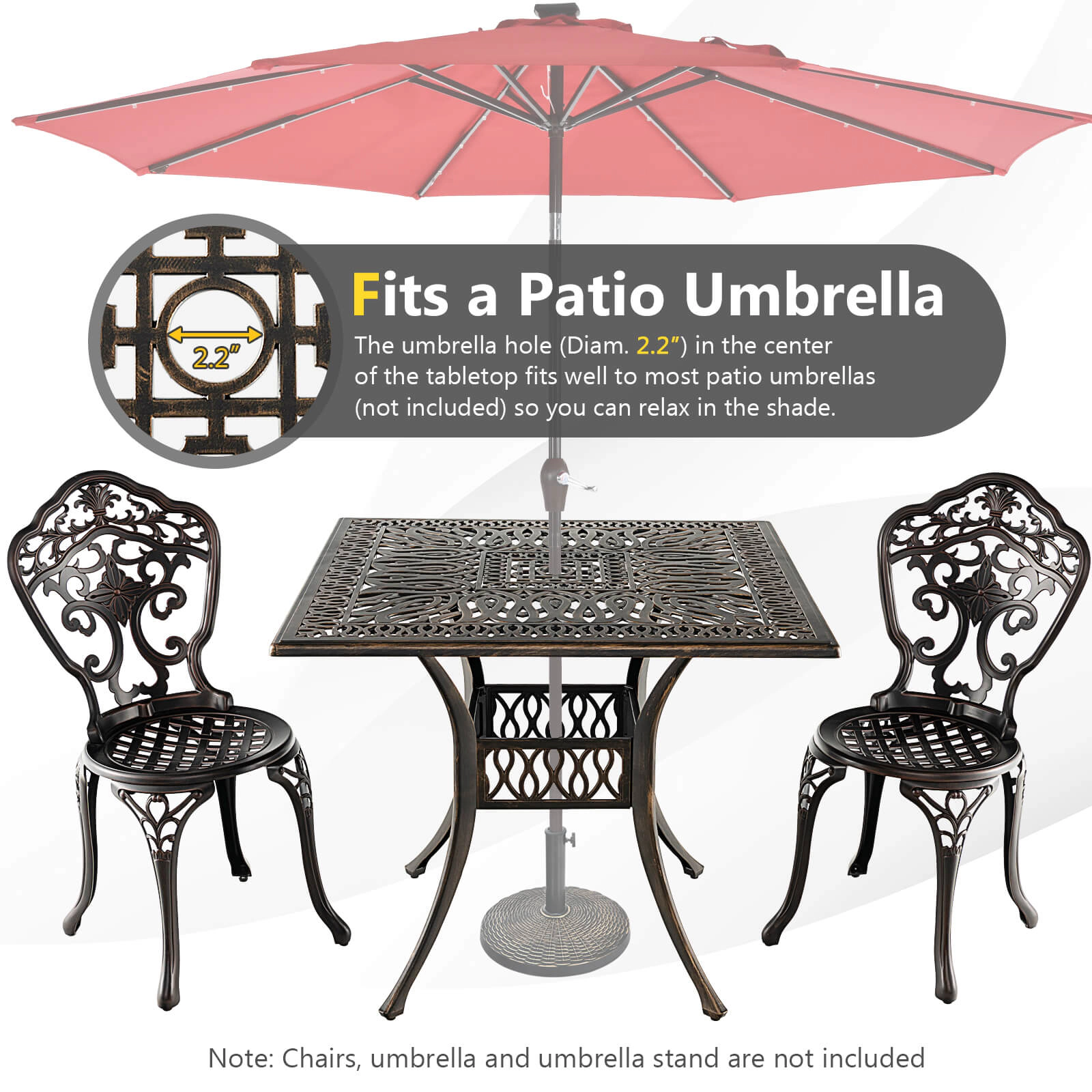 SUGIFT 36-in Cast Aluminum Patio Square Dining Table with 2-in Umbrella Hole 200-lb Capacity 4-Person Antique Brown