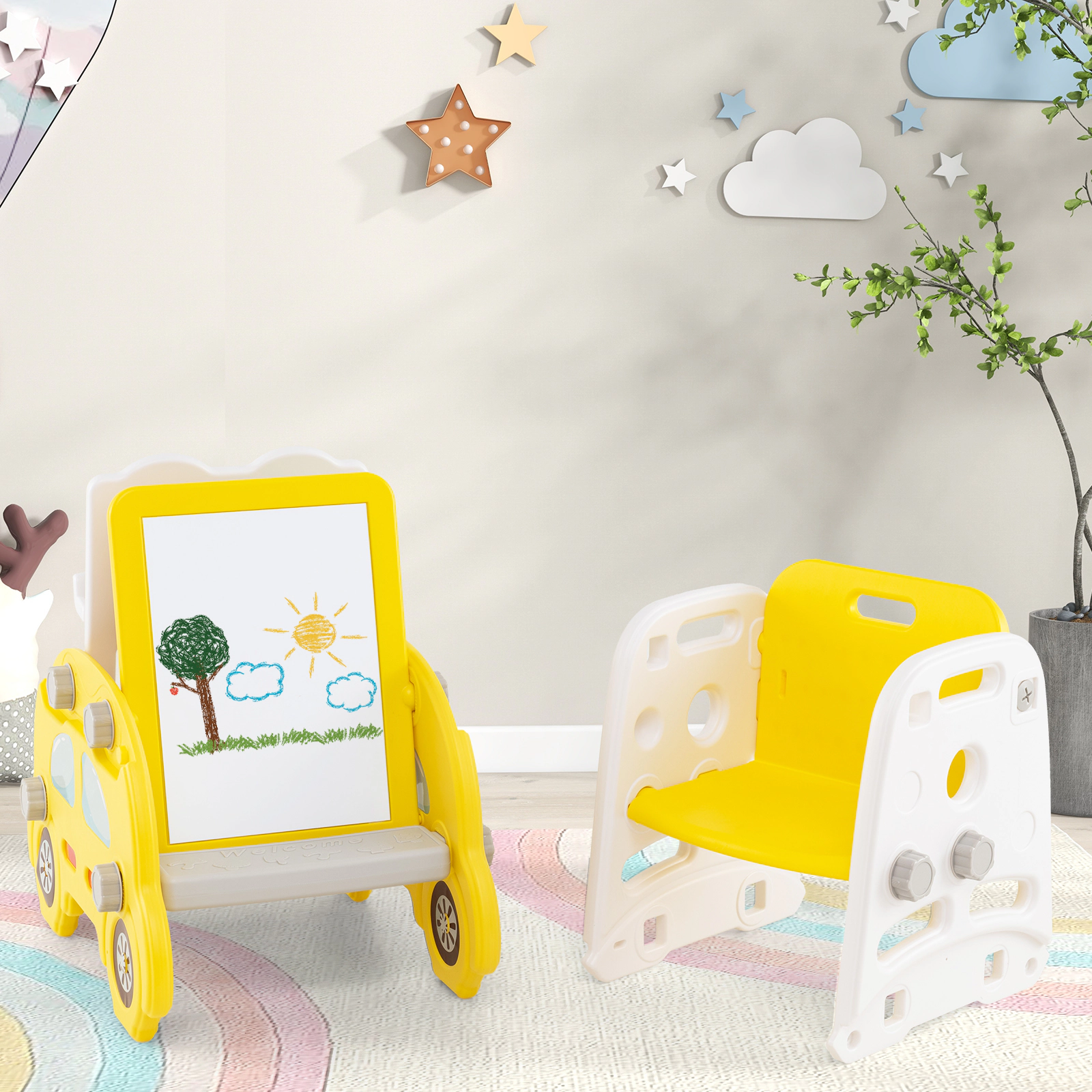 SUGIFT Yellow Art Easel Stool and Book Rack 5-in-1 Convertible Toddler Slide Set