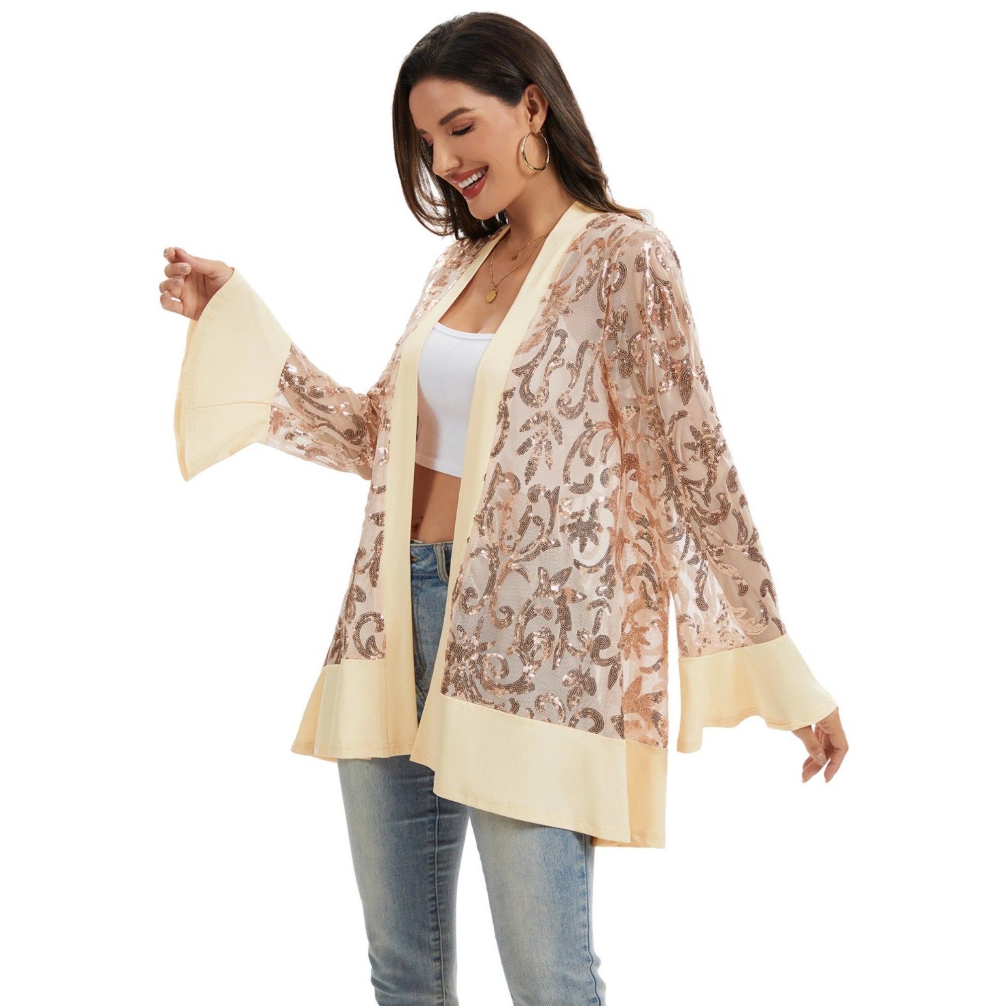 Anna-Kaci Women's Sequin Mesh Cardigan with Sheer Embellished Sleeves and Flowing Open Front Design for Layering Style