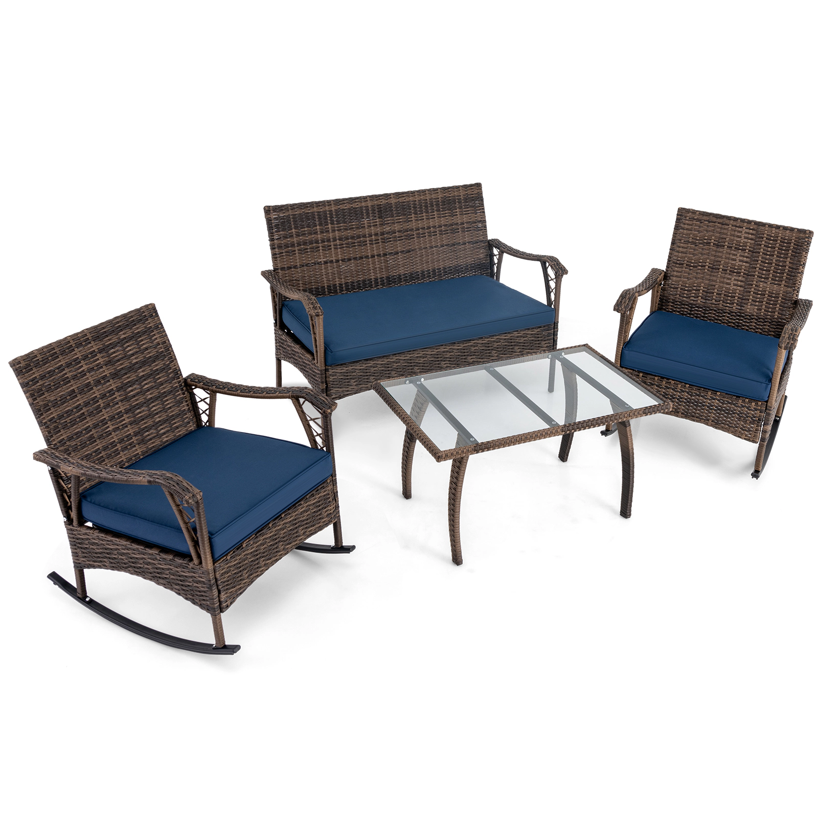 LJG 4 Pieces Wicker Rocking Set with Bungee Rope Seat for Porch Yard