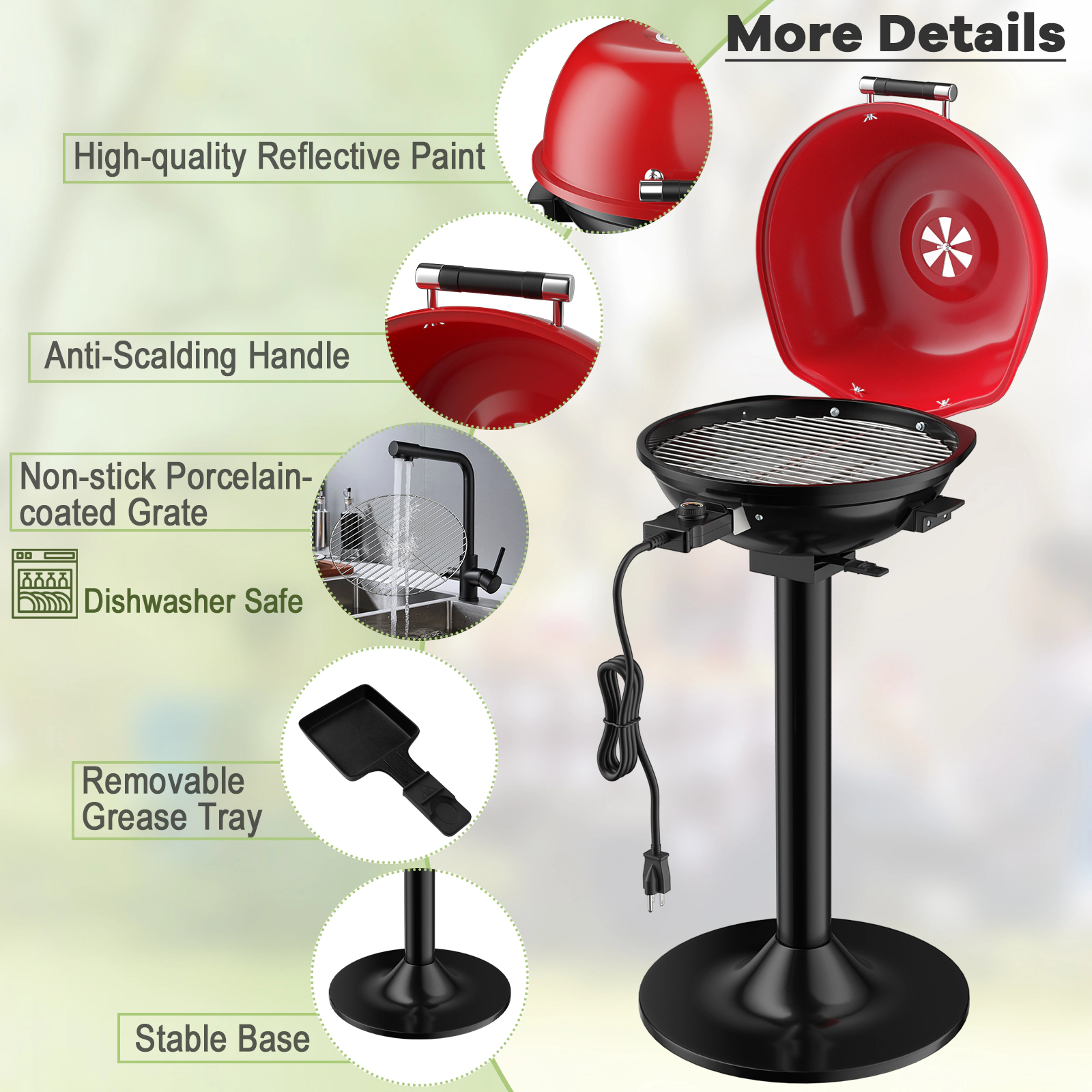 SUGIFT 1600-W Black and Red Portable Electric BBQ Grill with Removable Non-Stick Rack and Oil Drawer
