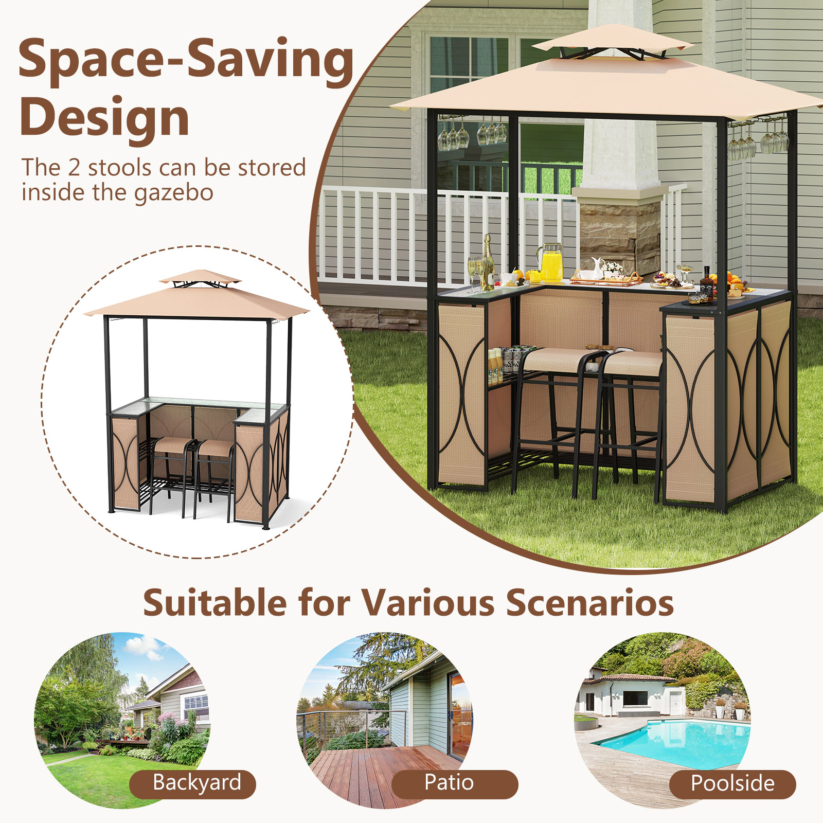 LJG 6.5 x 4 x 8 FT Grill Gazebo Set with 2 Bar Stools and Bar Table