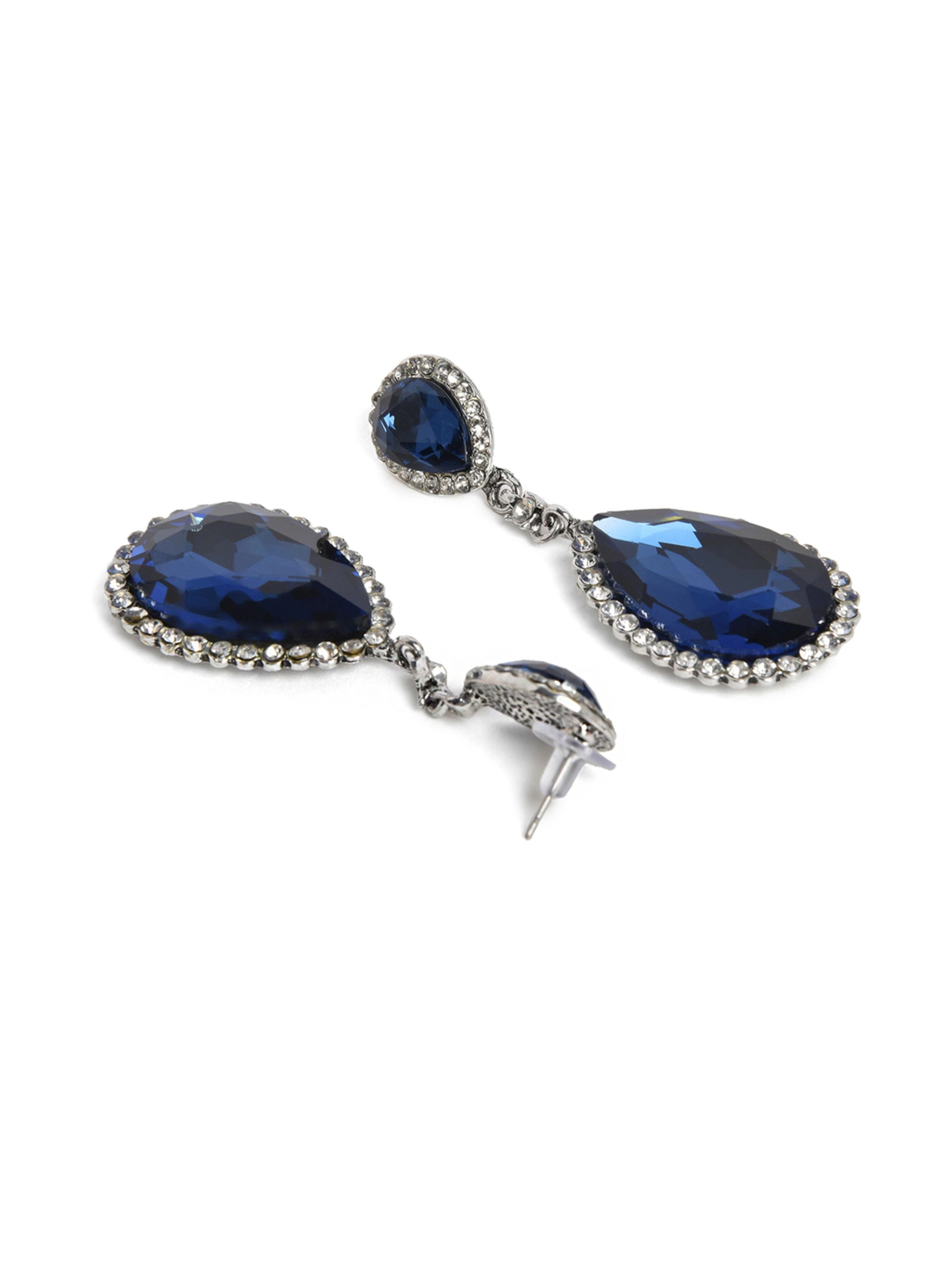 SOHI Women's Navy Blue Silver Toned Teardrop Shaped Drop Earrings
