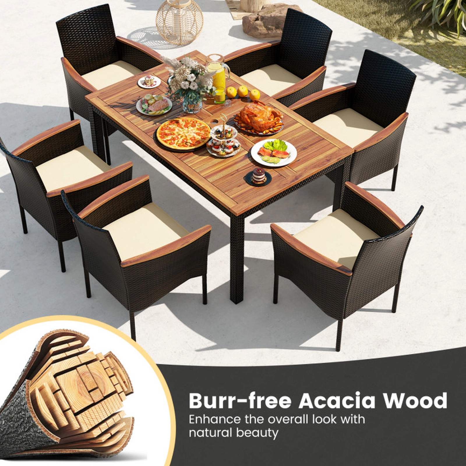 SUGIFT Brown 6 Stackable Chairs and Umbrella Hole 7-Piece Rattan Patio Dining Set