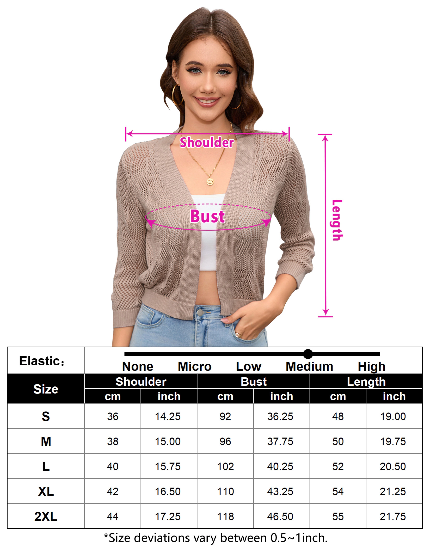 KOJOOIN Women's Lightweight Cardigan 3/4 Sleeve Cropped Hollowed Shrug Open Front Knit Sweaters