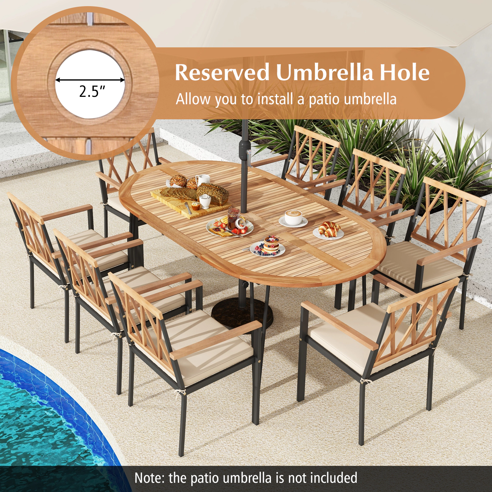 SUGIFT 79-in Oval Acacia Wood Patio Dining Table with Umbrella Hole 330-lb Capacity for 8 People Natural & Black