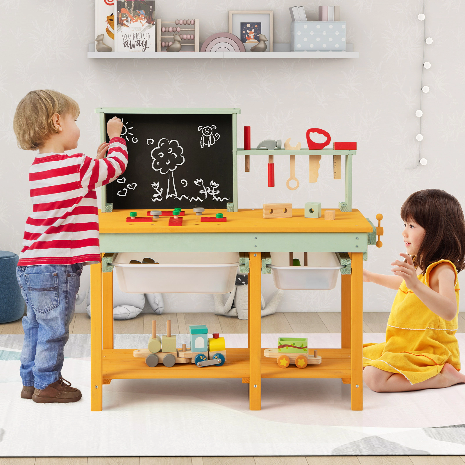 Hivvago Kids Wooden Toy Workbench with Storage Space and Blackboard