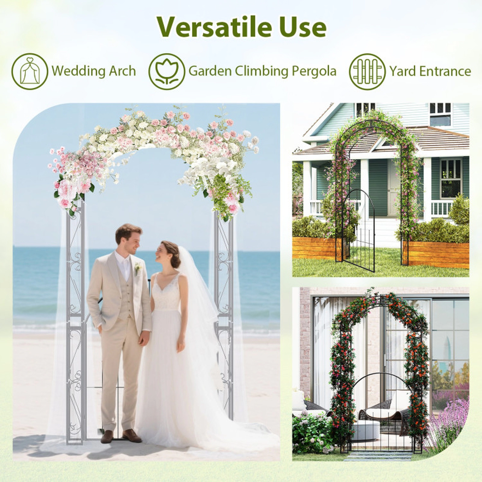 SUGIFT Black Metal Garden Arch Arbor with Lockable Gate and Scroll Patterns 45-in W 17-in D 84-in H 35-in Door W