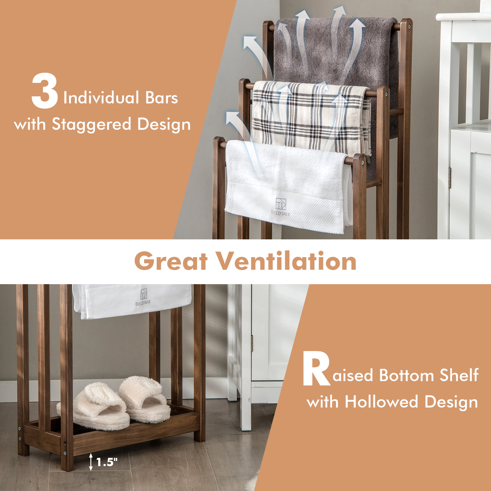 SUGIFT 3-Bar Slatted Bottom Shelf Fir Wood Bathroom Towel Rack 18-in x 9-in x 34-in 22-lb per Bar Rustic Brown