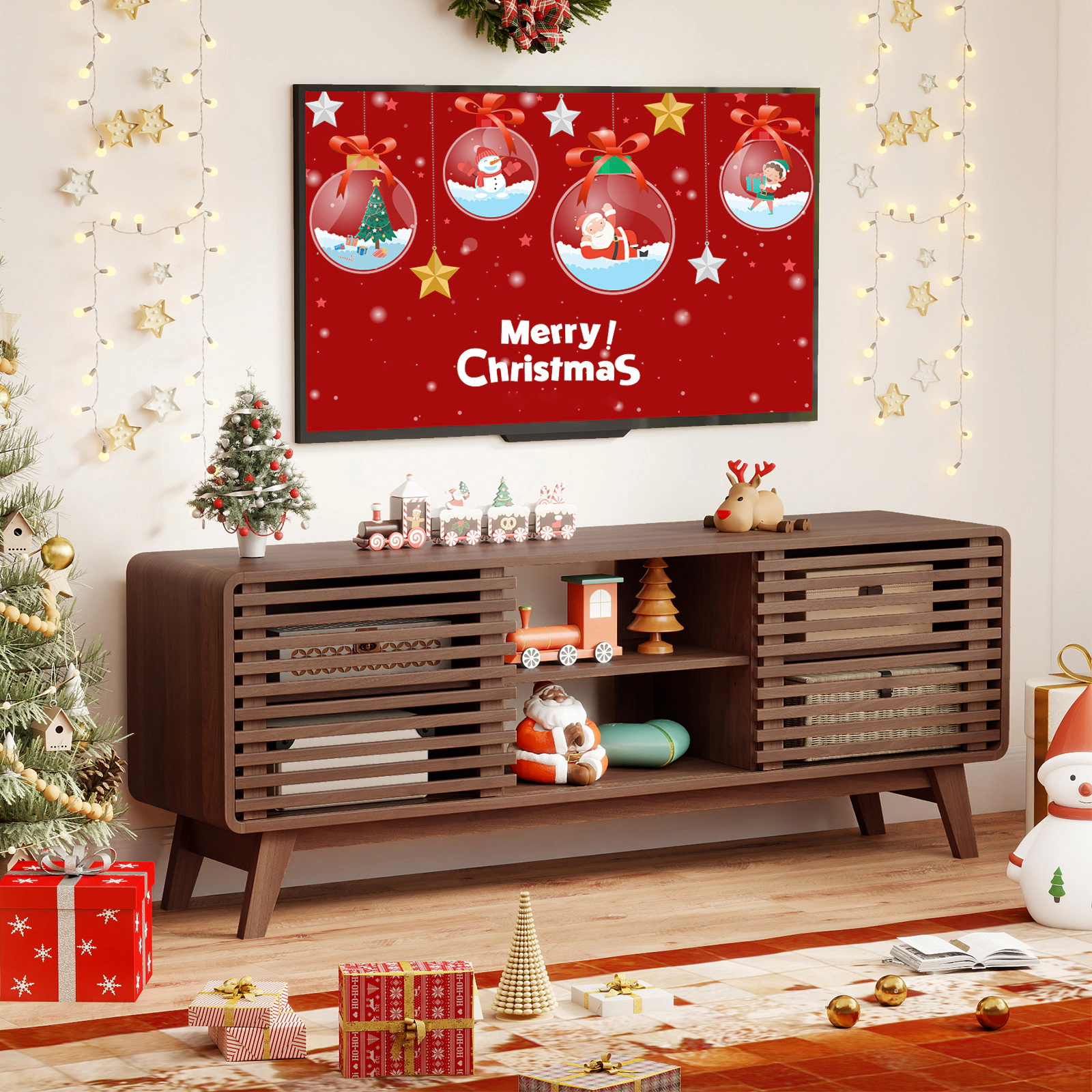 SUGIFT Walnut TV Stand for TVs up to 65 in, 220 lb Top Capacity, Sliding Door Cabinets