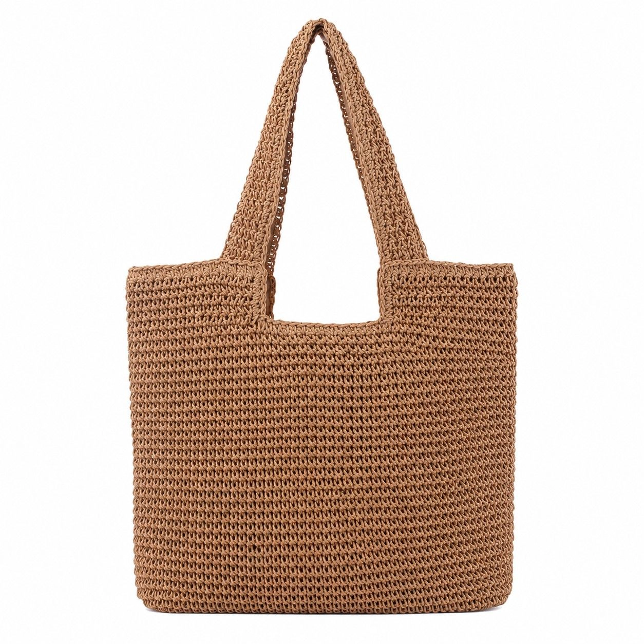 Alilang Women's Woven Crochet Tote Bag with Shoulder Straps Lightweight Knit Tote with Zipper Pocket, Khaki