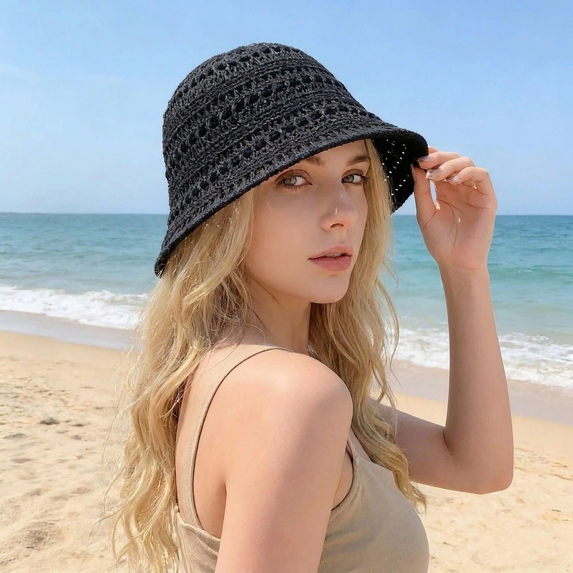 Anna-Kaci Women's Crochet Bucket Sun Hat with Open Weave Texture and Flexible Brim Design