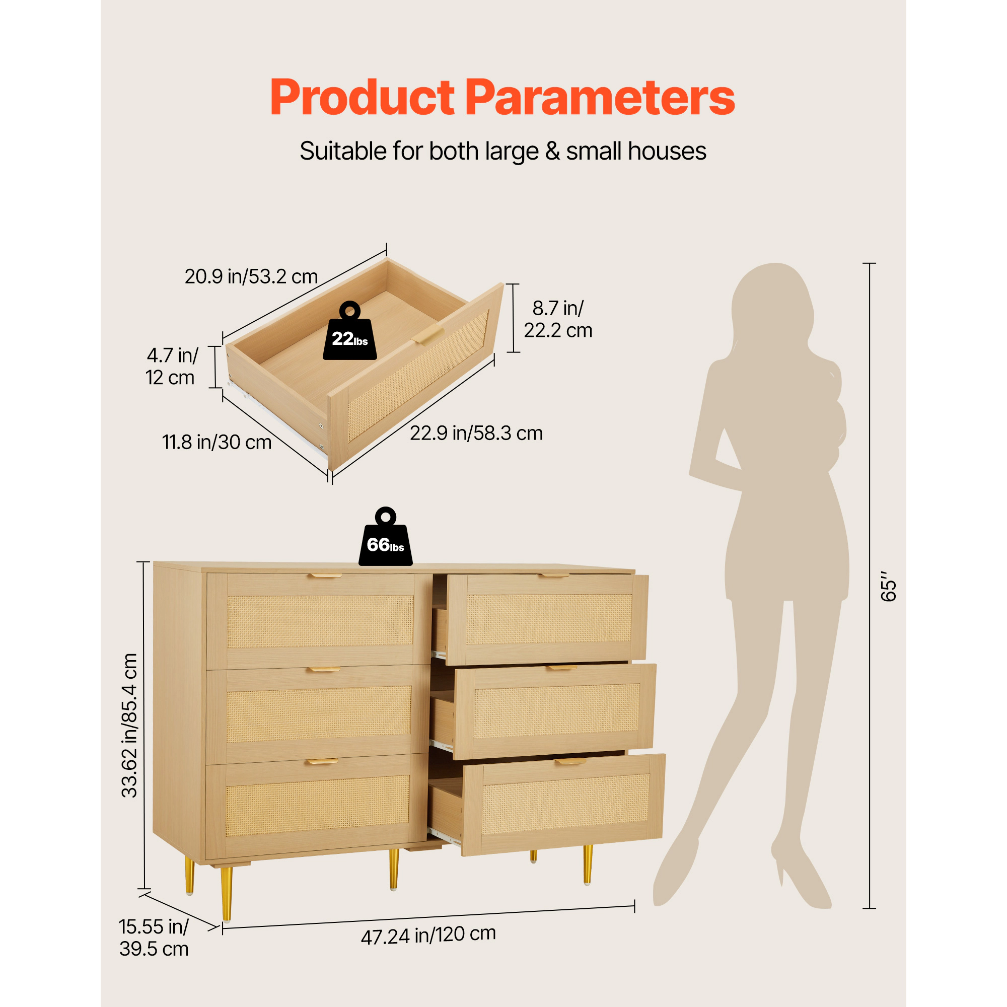 HONGGE 6 Drawer Rattan Dresser, Double Dresser for Bedroom, Natural Rattan Chest of Drawer with Metal Handle