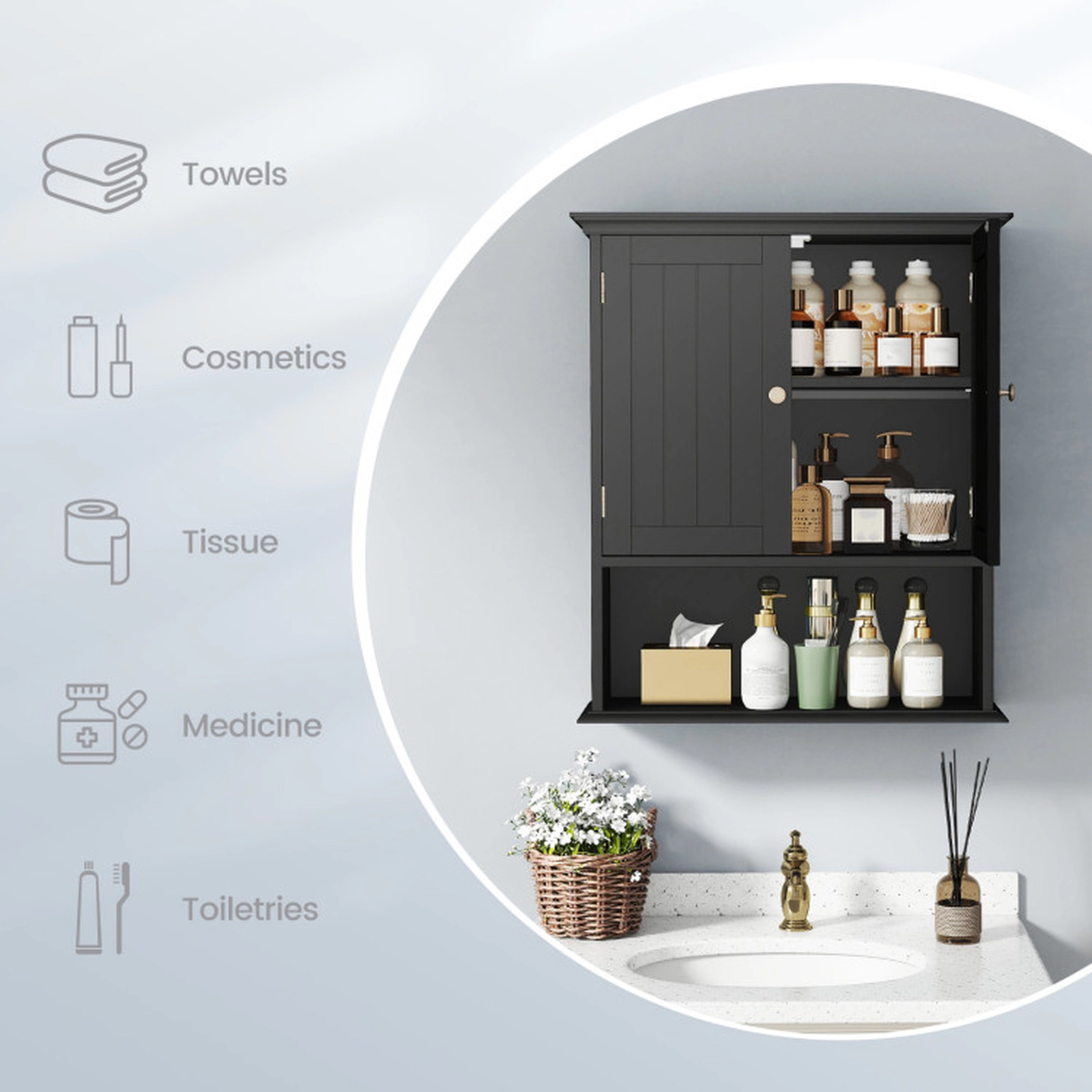 SUGIFT Wall Mount 2-Door Open Compartment Bathroom Storage Cabinet 23.5-in x 7.5-in x 28-in 11-lb per Shelf Black
