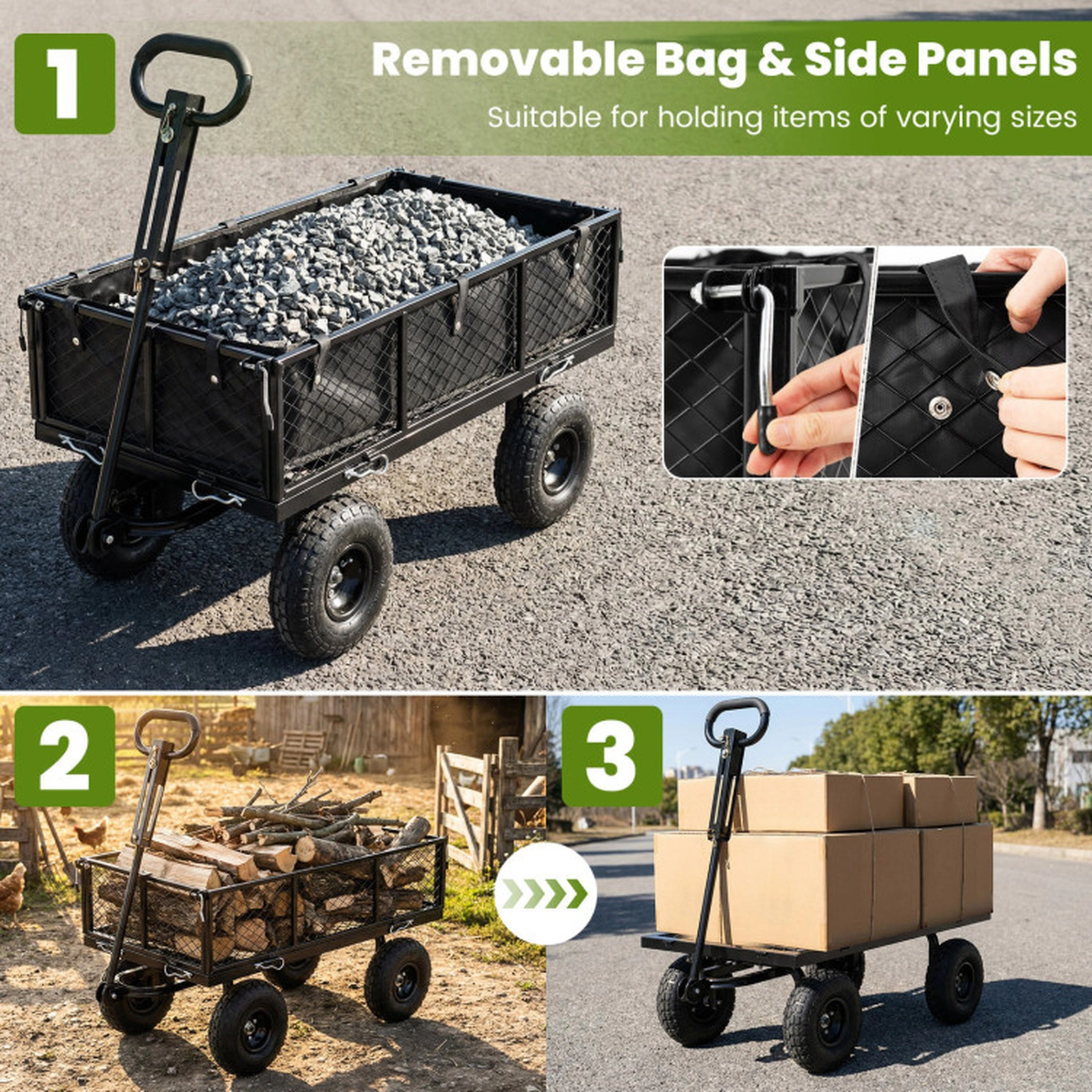 SUGIFT Black 880-lb Capacity Steel Garden Cart Utility Wagon with Mesh Sides Oxford Liner and Tires