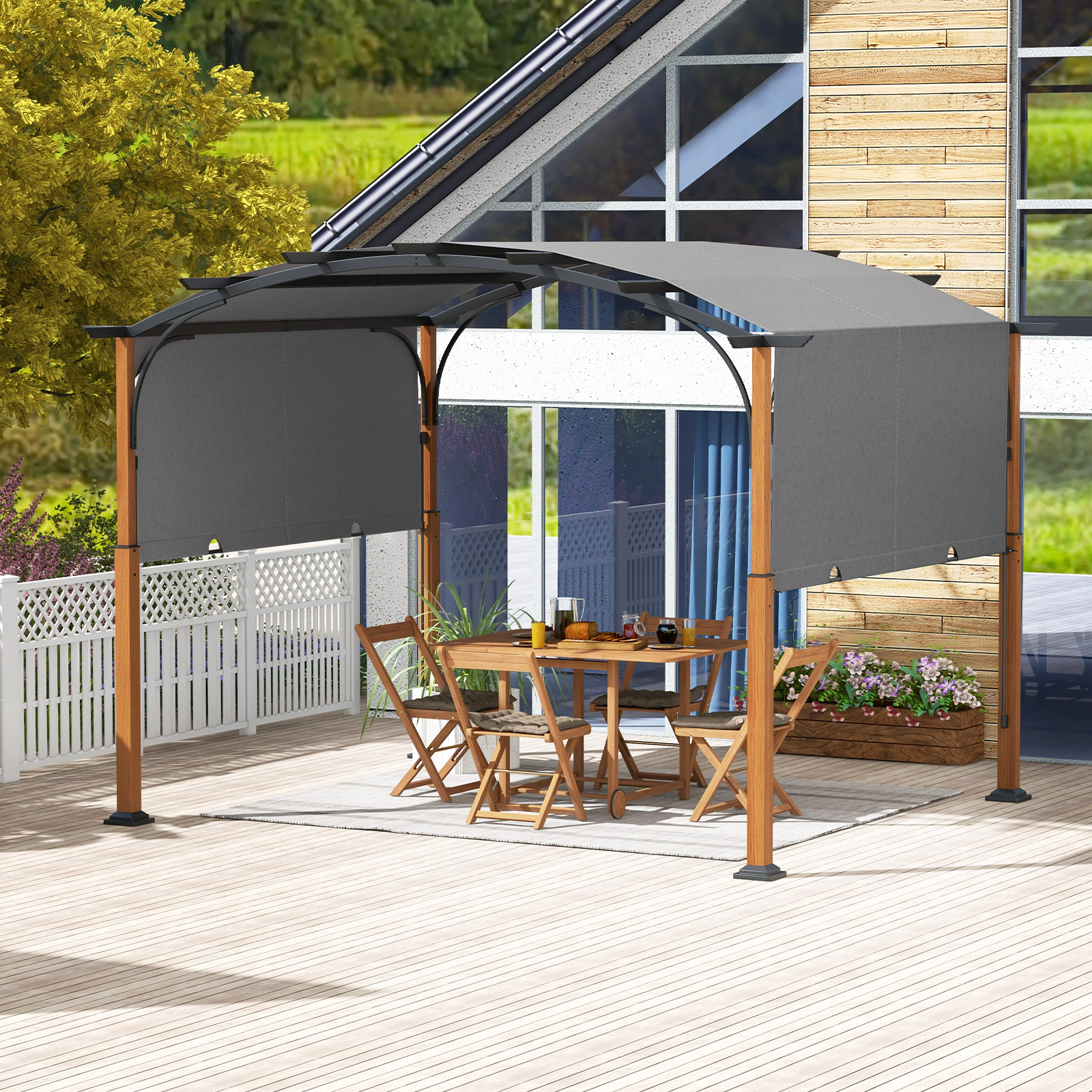 SUGIFT 10-ft x 12-ft Beige Metal Pergola with Retractable Shade Canopy and 16 Ground Nails for Backyard