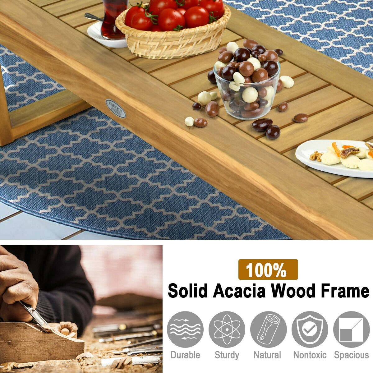 LJG 52 Inch Acacia Wood Dining Bench with Slatted Seat