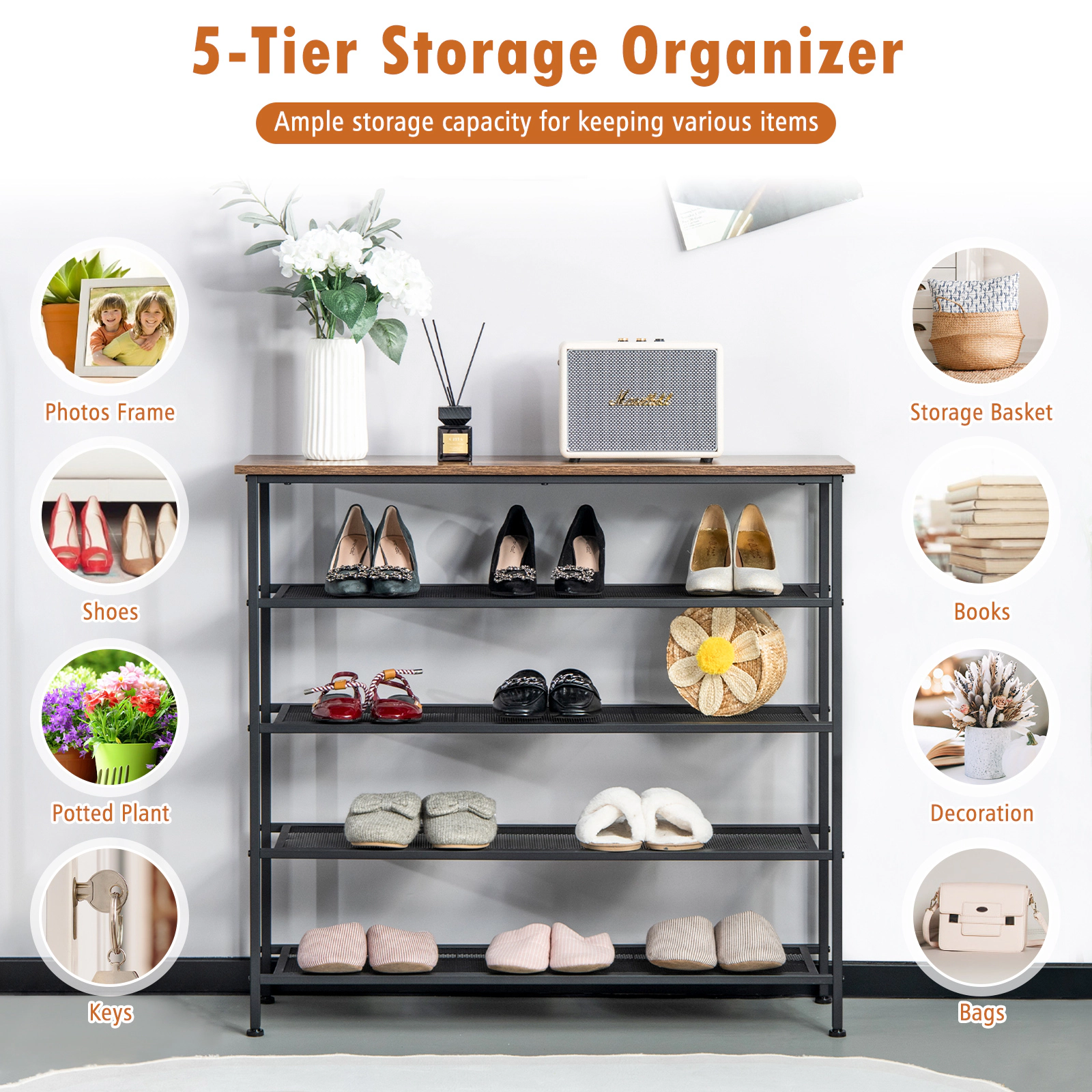 SUGIFT Rustic Brown 4 Mesh Shelves for 16-20 Pairs 5-Tier Industrial Metal Shoe Rack