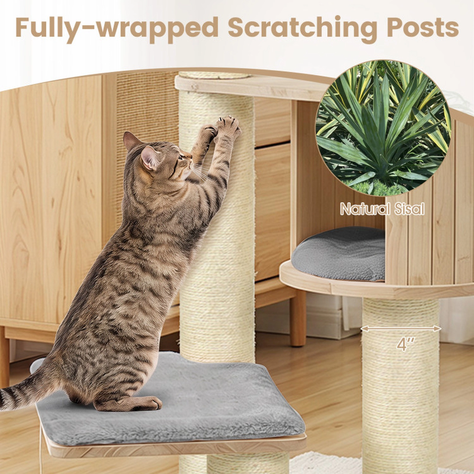 SUGIFT Gray 53.5-in Multi-Level Indoor Cat Tree Tower with Top Perch Condo Space Capsule and 3 Feather Toys