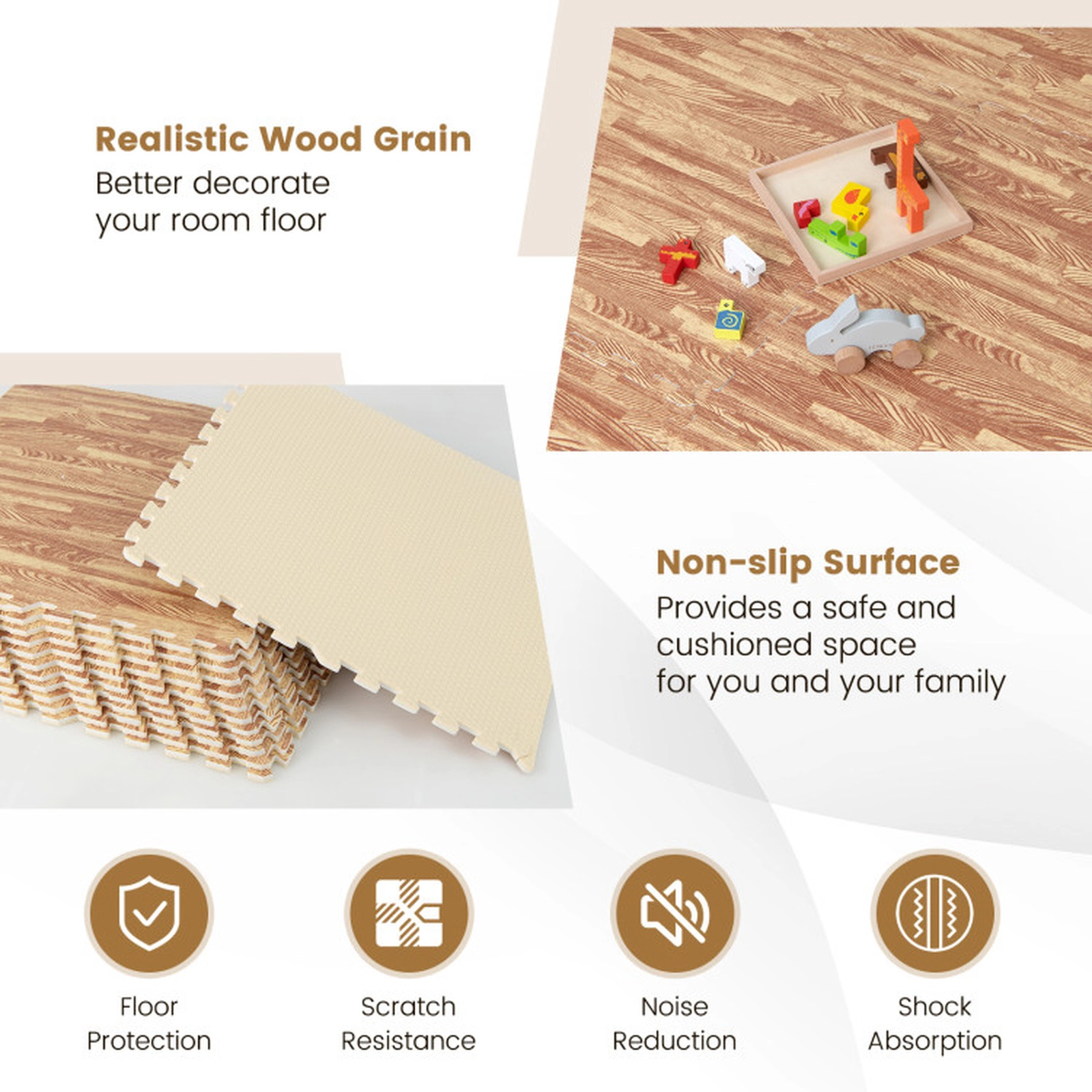 SUGIFT Natural 25 Tile Wood Grain Interlocking Foam Floor Mat Set with 50 Borders 24-in W 24-in D 0.4-in H