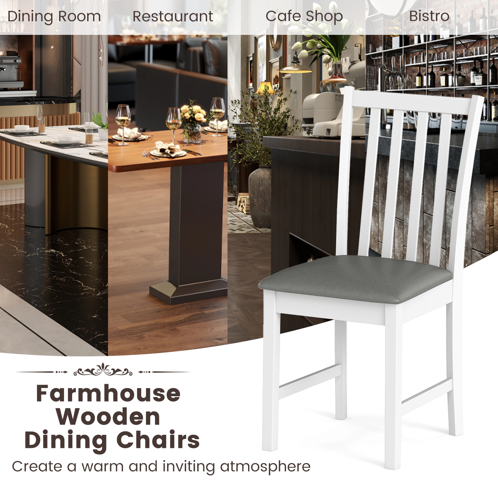 SUGIFT Rubber Wood Dining Chair Set of 2 with MDF Frame and Padded PVC Seat 330-Lb Capacity 36-in Tall White+Gray