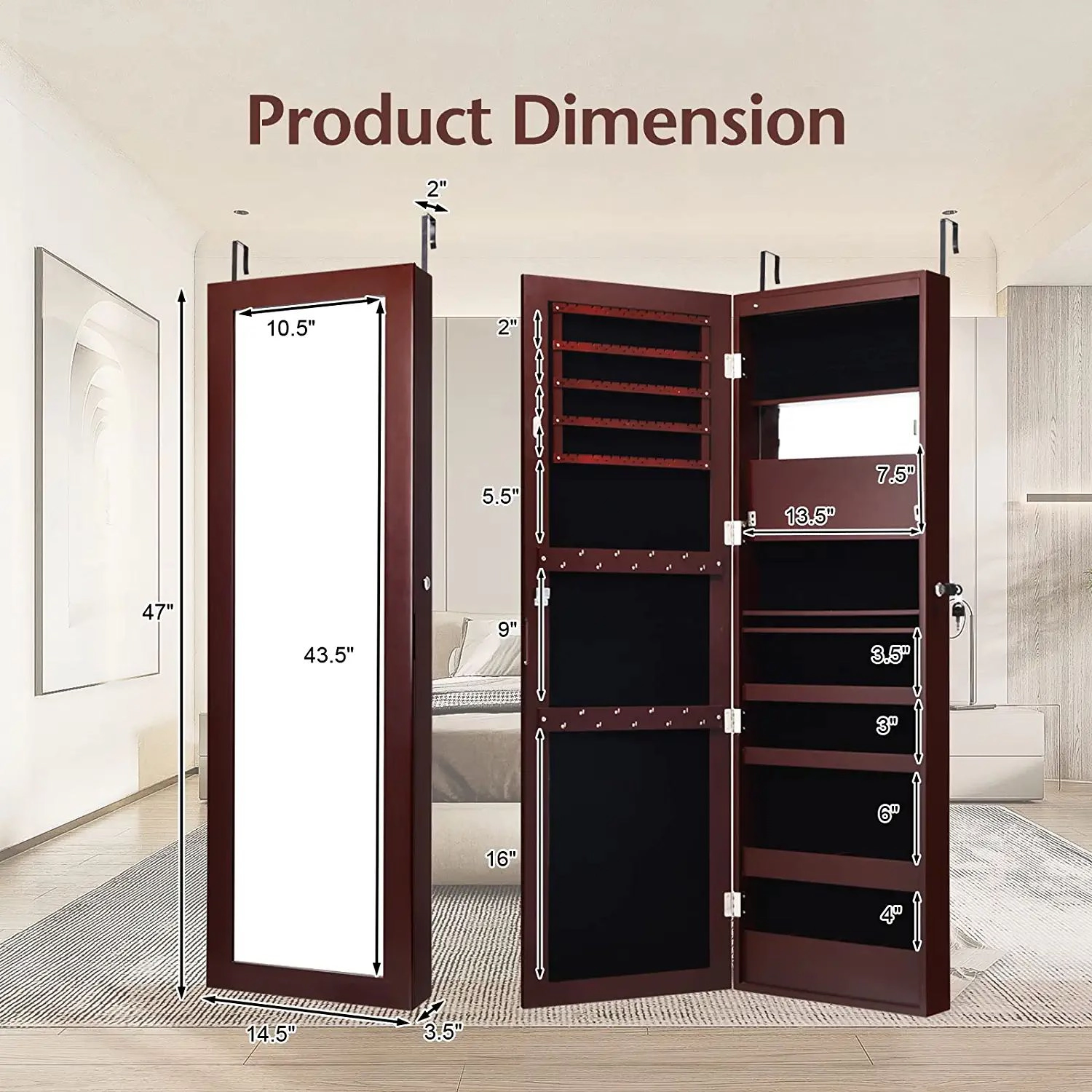 Slickblue 53.5 Inch Wall or Door Mounted Lockable Jewelry Cabinet with Mirror and LED Lights