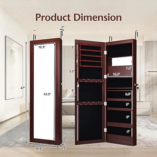 LJG Lockable Wall Door Mounted Mirror Jewelry Cabinet with LED Lights