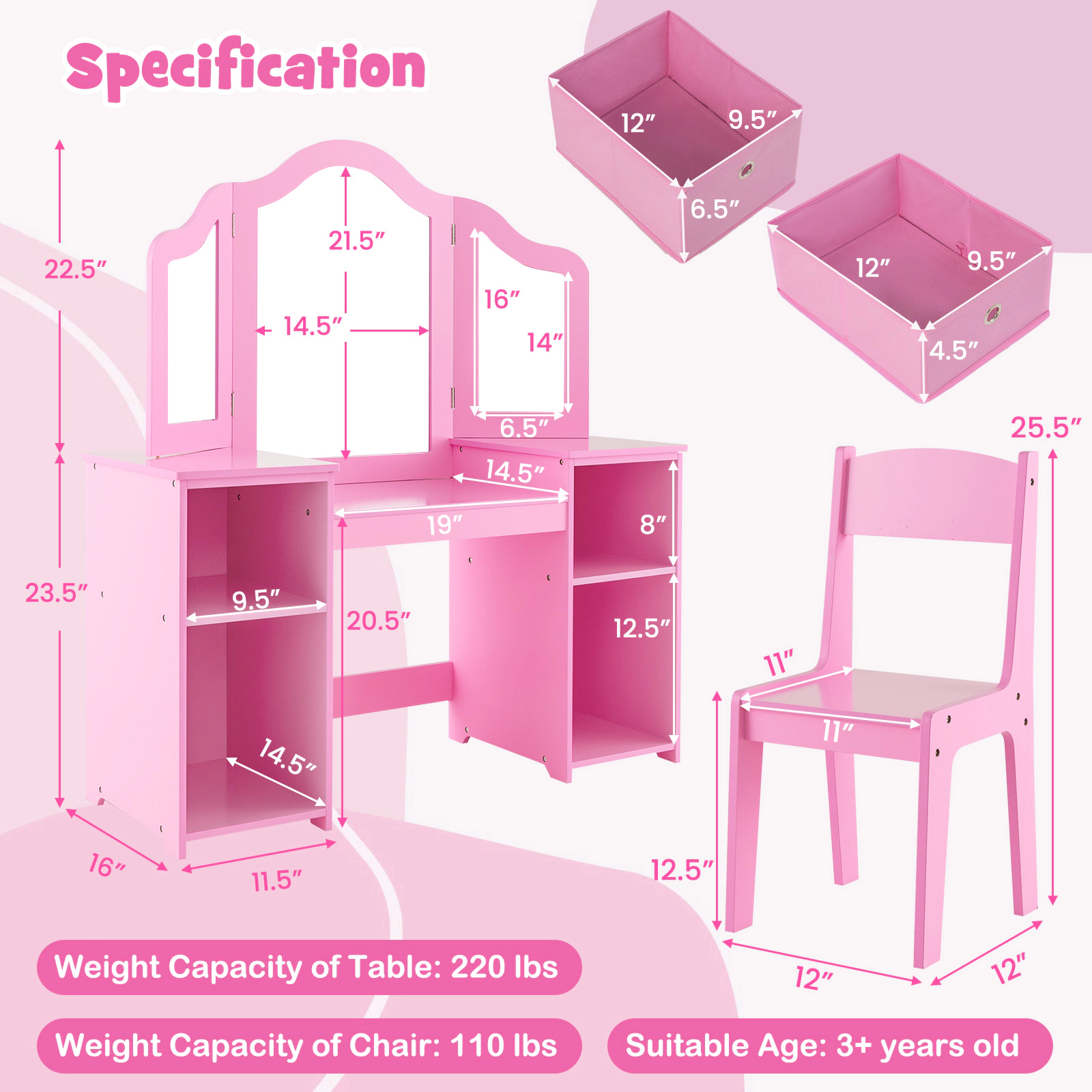SUGIFT 2-Piece Pink Kids Vanity Table and Chair Set, 3 Removable Mirrors, 4 Fabric Bins