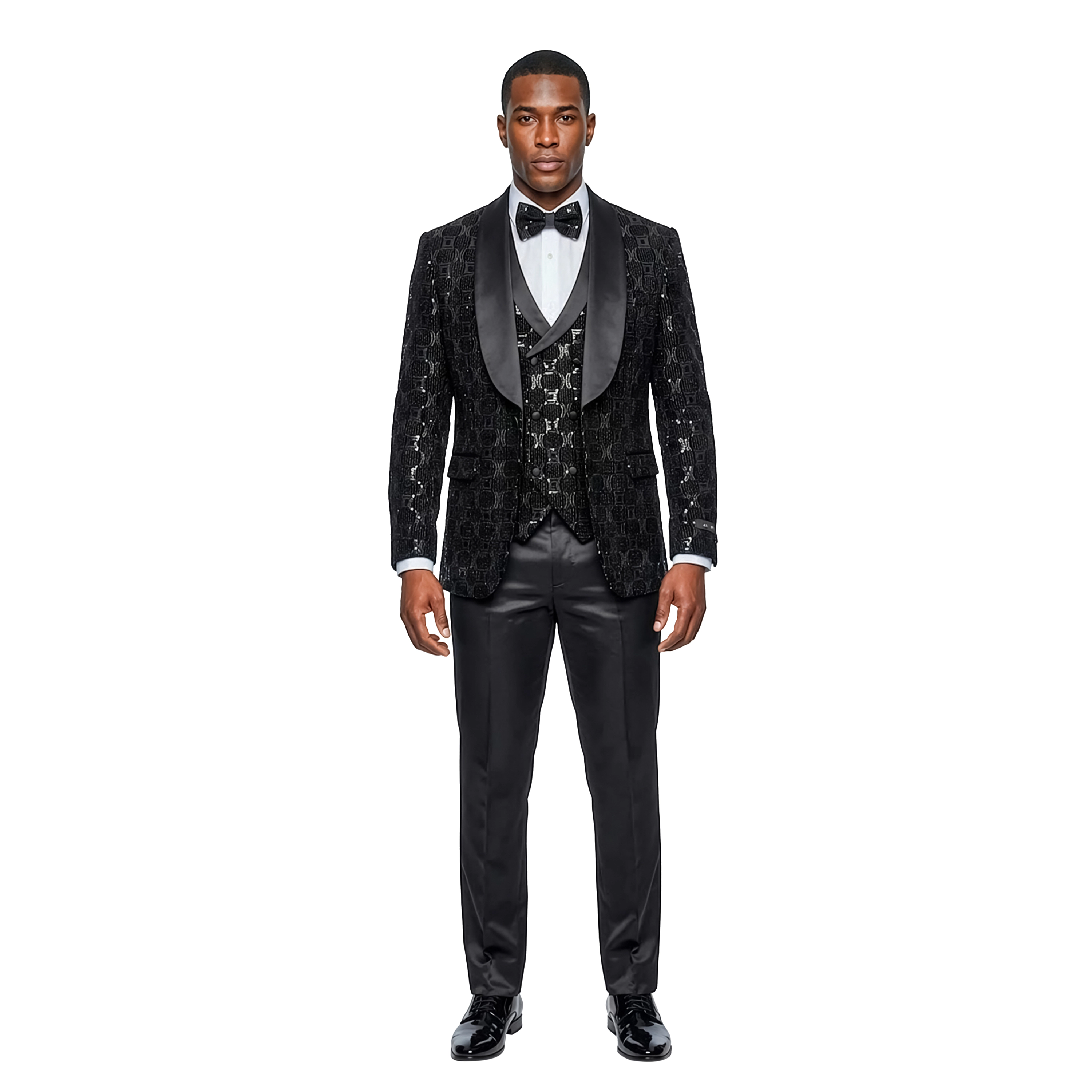 Tazzio Men’s Skinny Fit Sequin Shawl Collar 3pc Fashion Tuxedo Set