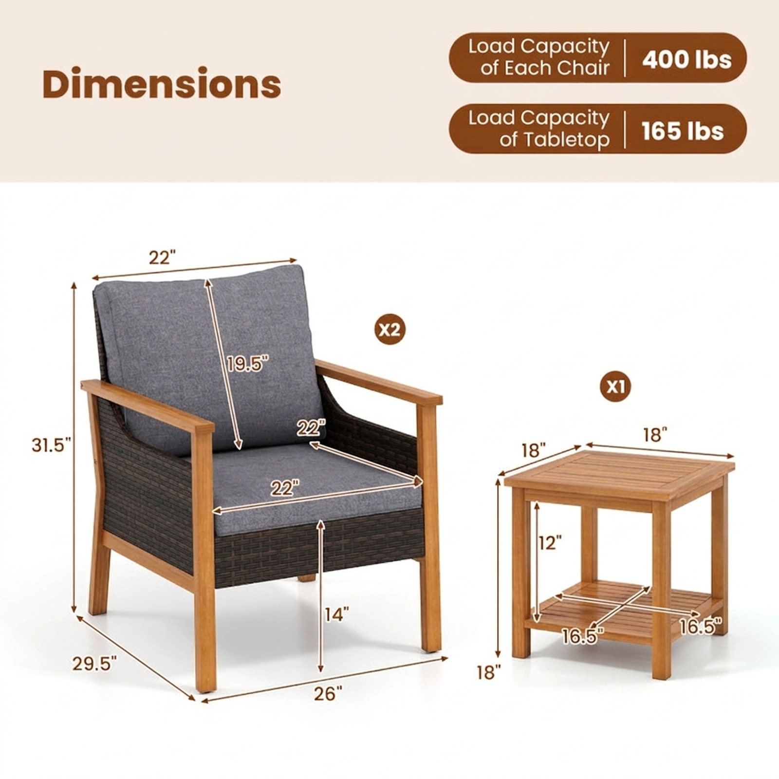 SUGIFT Patio Dining and Conversation Set with Armchairs 400-lb Chairs 165-lb Tabletop Gray Cushions Mix Brown Rattan