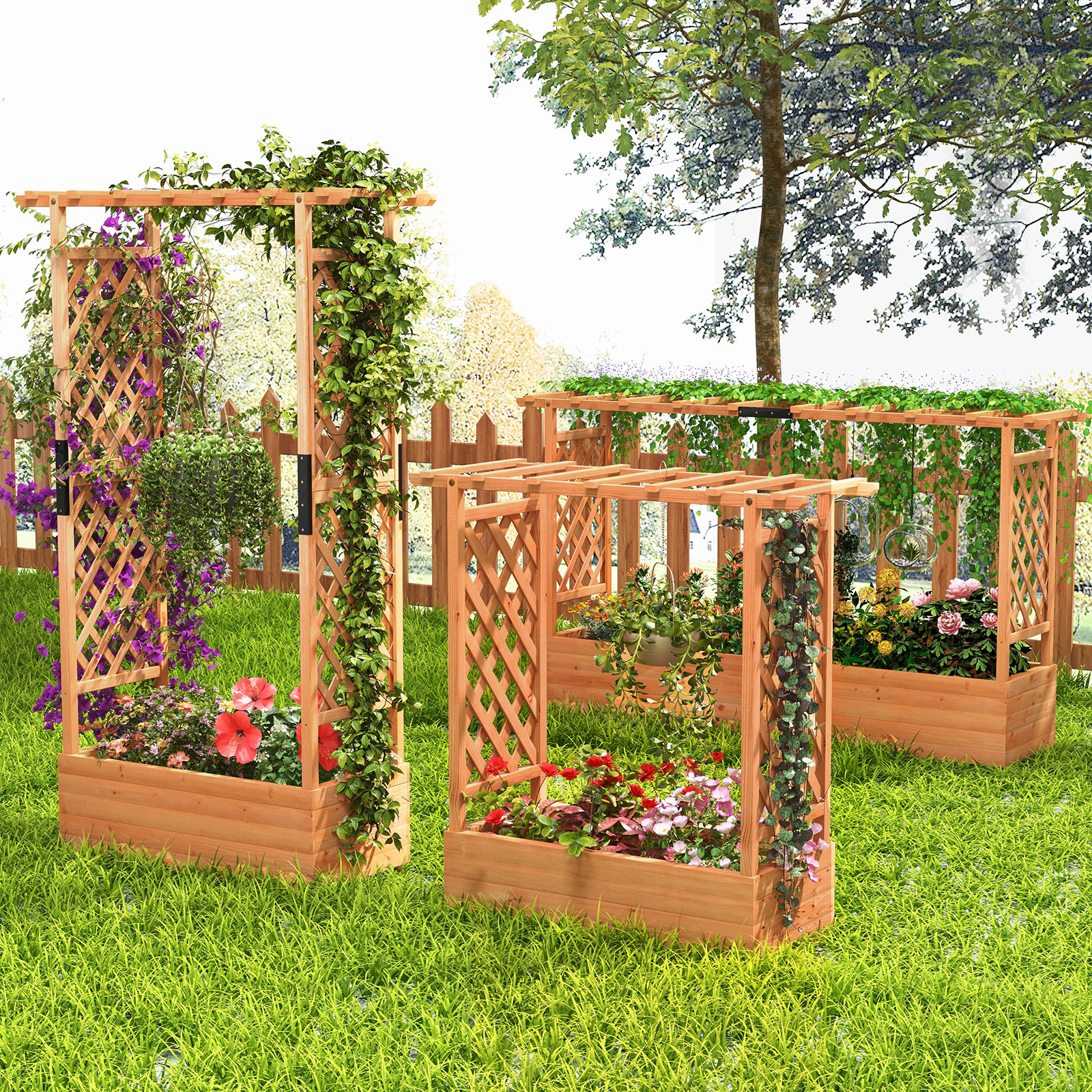 SlickBlue Wooden Raised Garden Bed with Roof Trellis Planter Box