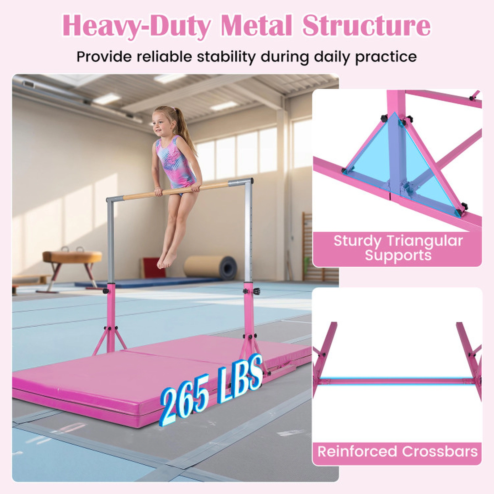 SUGIFT Foldable 13-Level Adjustable Gymnastics Training Bar 265-lb Capacity Ages 3+ Pink