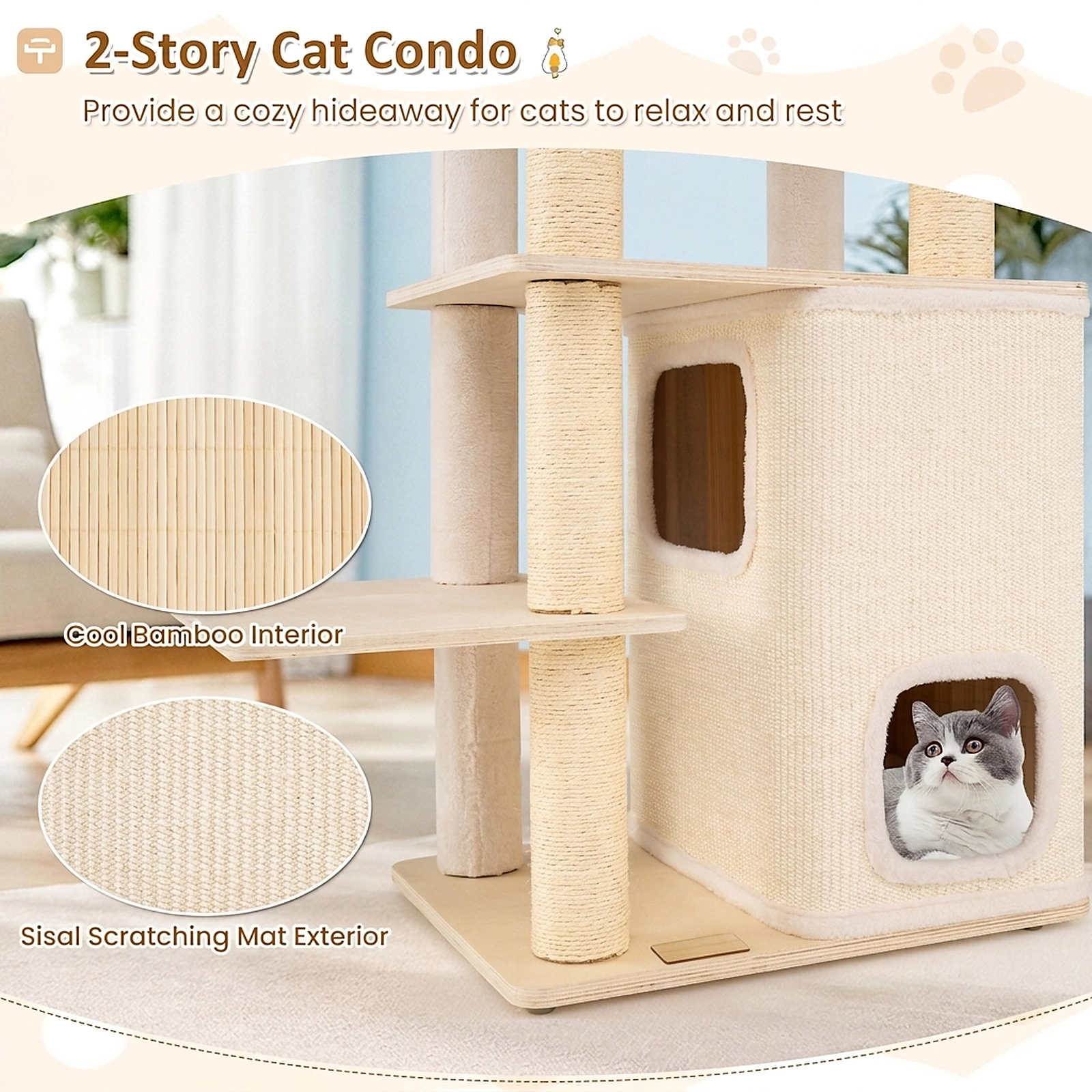 SUGIFT 63-in Natural Heavy Duty Wooden Cat Tree with 44-lb Layers 2-Story Condo and Plush Top Perch