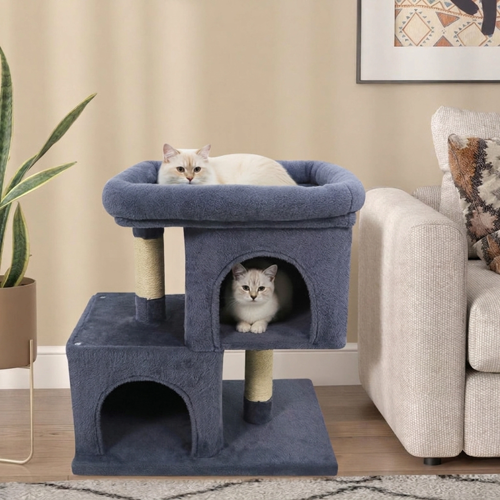 SUGIFT Dark Gray Space-Saving Cat Tower with 19 in Upholstered Perch and 2 Condos