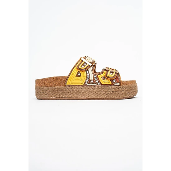 Prologue Shoes Womens Bobby Beaded Straw Platform Slide Sandal