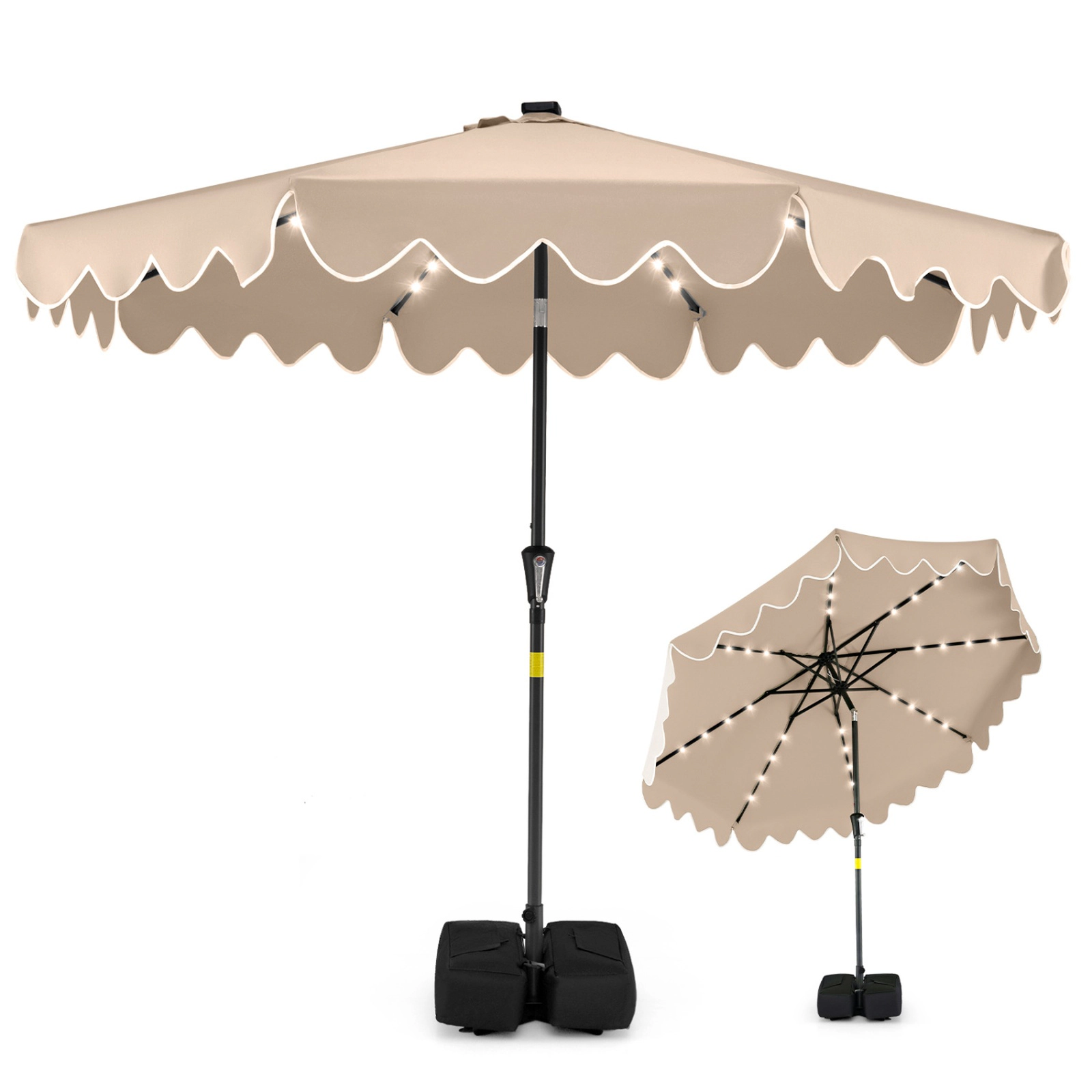 SUGIFT 9-ft Solar LED Lighted Outdoor Patio Umbrella with Crank Tilt, 9 x 8 in Canopy and Weighted Base Brown