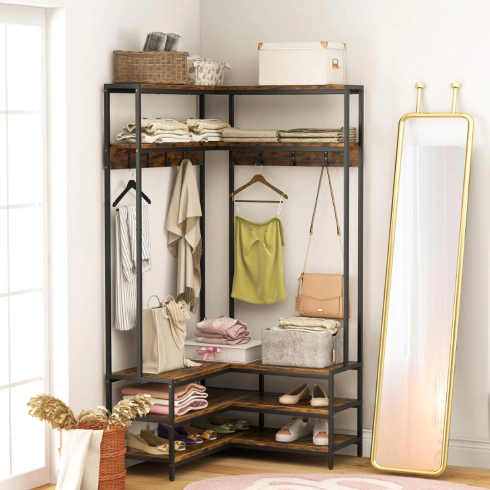 Hivvago Corner Garment Rack with Open Shelves and 7 Hooks Shoe Bench-Rustic Brown
