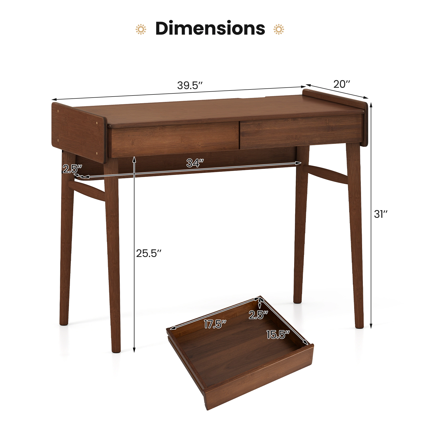 SUGIFT 39.5 in Bamboo Writing Desk Walnut with 2 Storage Drawers and Open Shelf