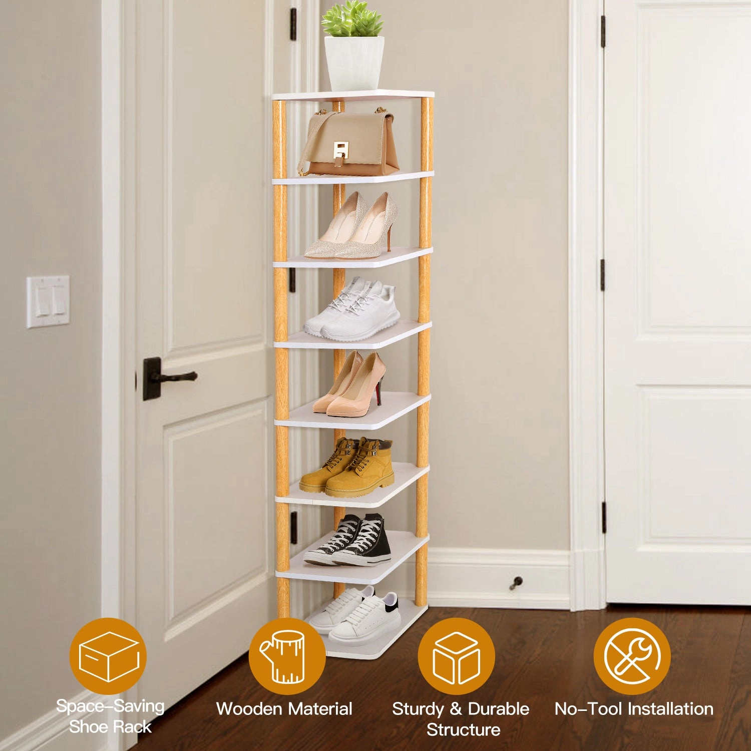 NEW Home Unisex 8-Tier Wooden Shoe Rack Organizer