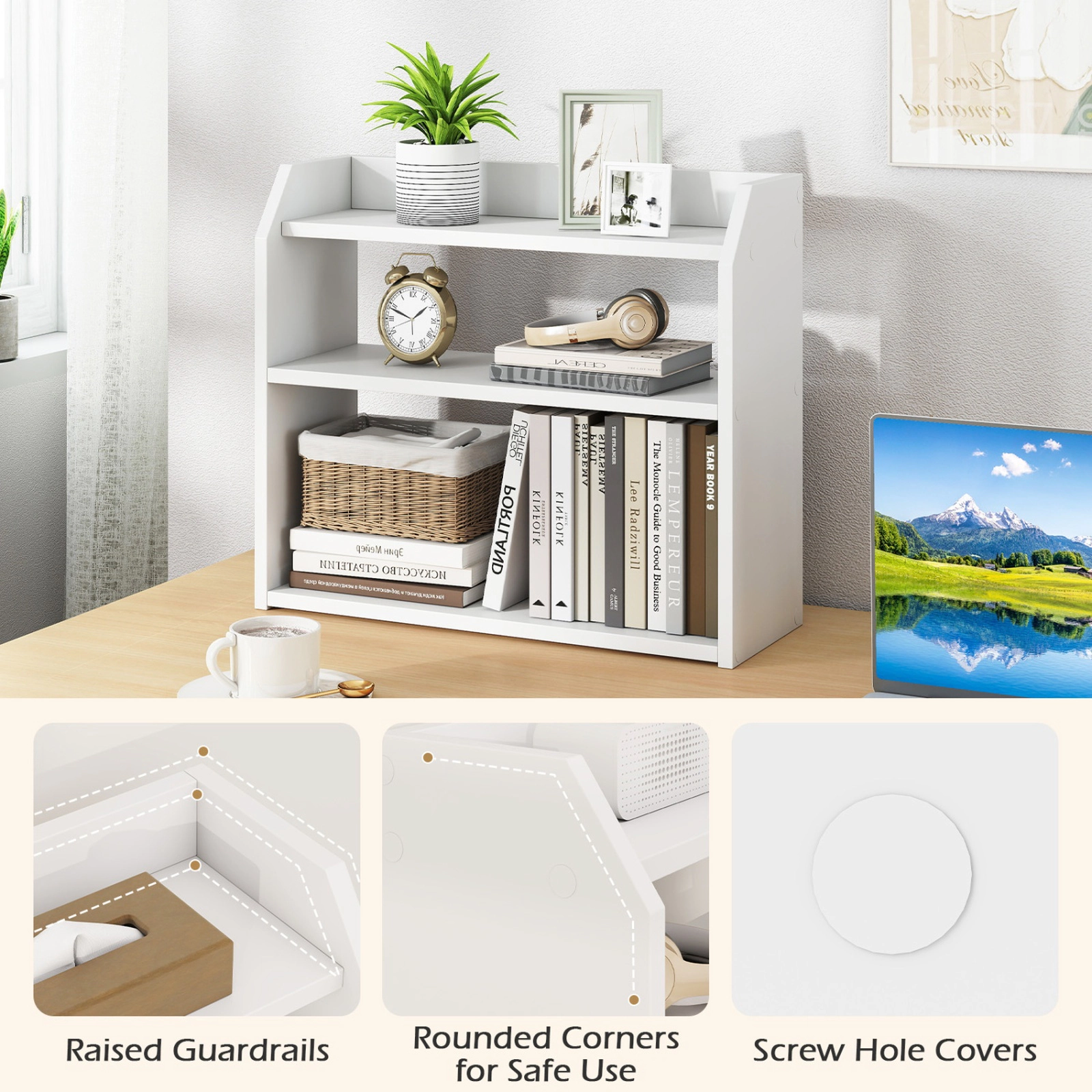 SUGIFT White 3-Tier Desktop Bookshelf Countertop Bookcase with Raised Guardrails