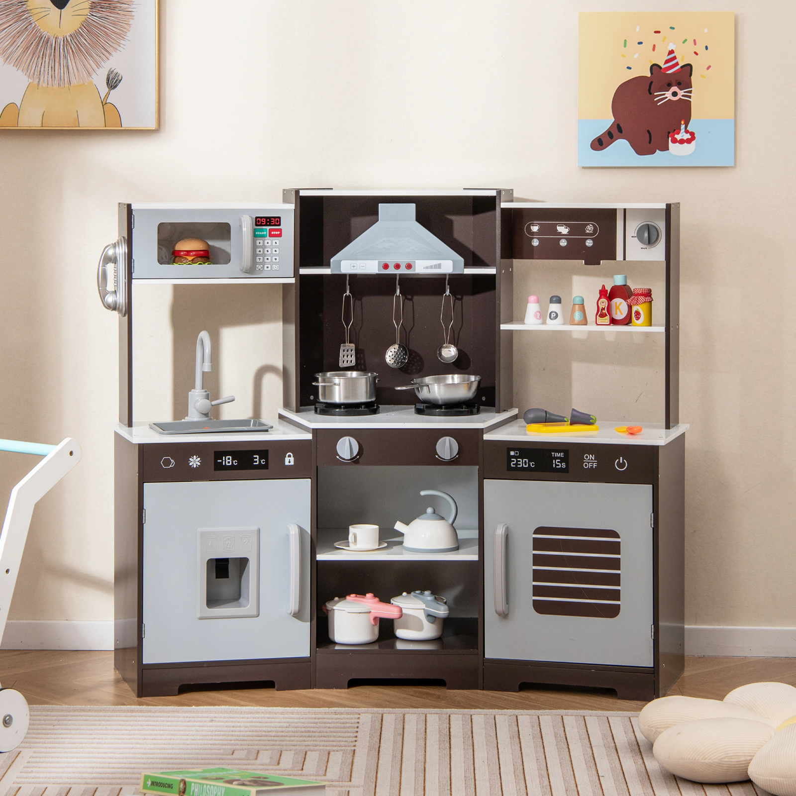 SUGIFT Pretend Play Wooden Kitchen Toy Set with Range Hood Real Sounds and Lights 44-in Tall Ages 3+ Brown/White