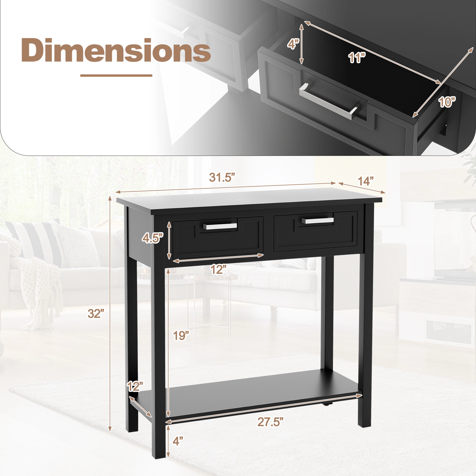 SUGIFT 31.5-in 110-lb Capacity Black Solid Wood Leg Console Sofa Table with 2 Drawers and Bottom Shelf