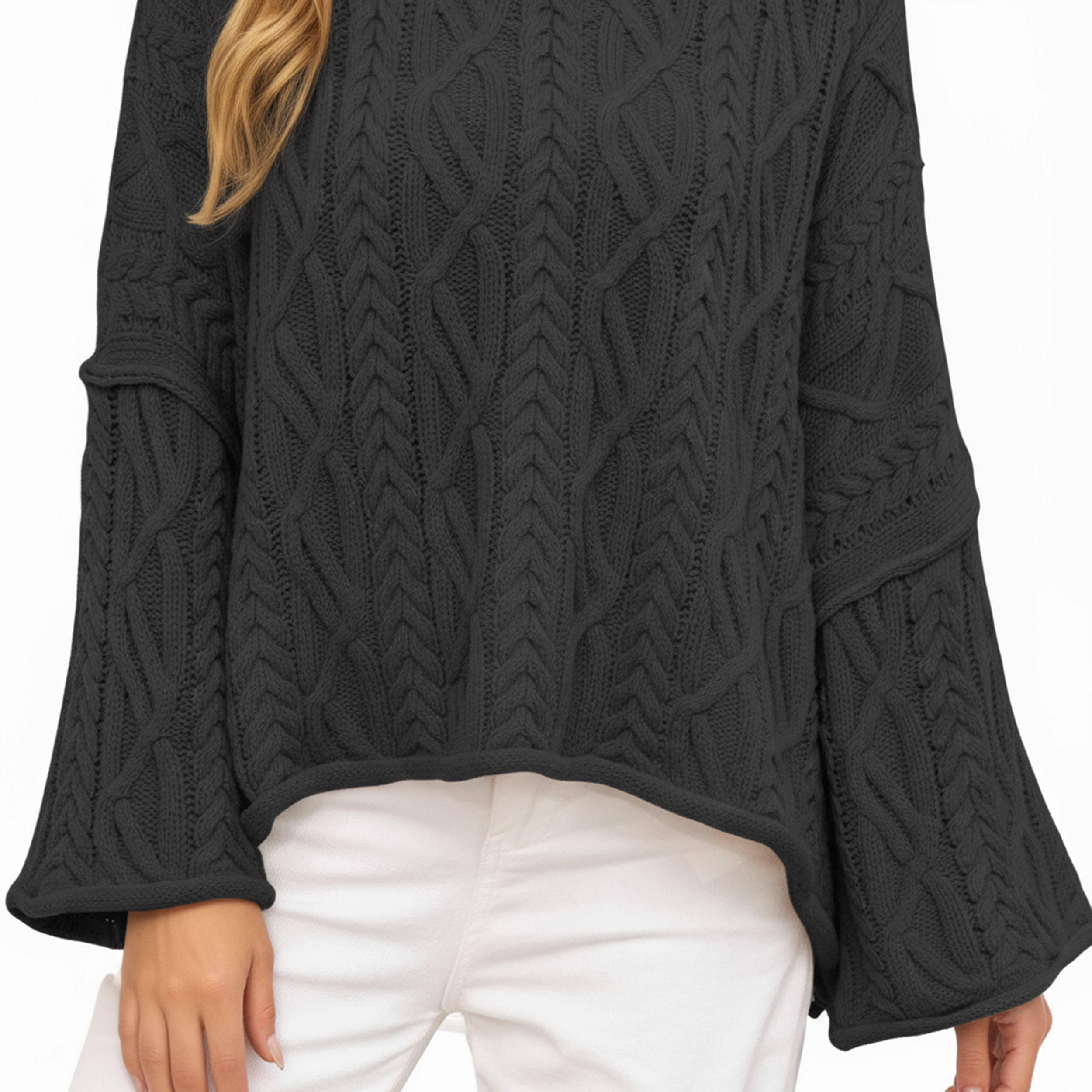 Anna-Kaci Women's Cable Knit Pullover Sweater with Relaxed Fit and Wide Cuff Sleeves