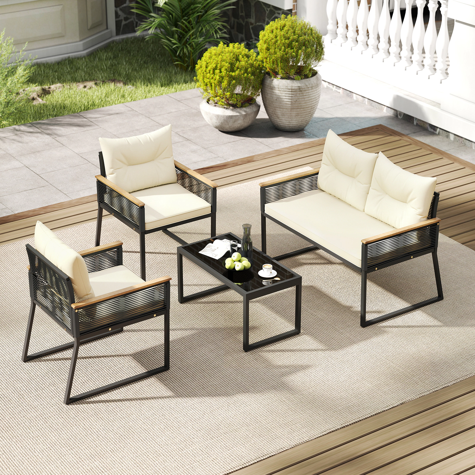 LJG 4 Pieces Patio Furniture Set Outdoor Conversation Set with Tempered Glass Coffee Table